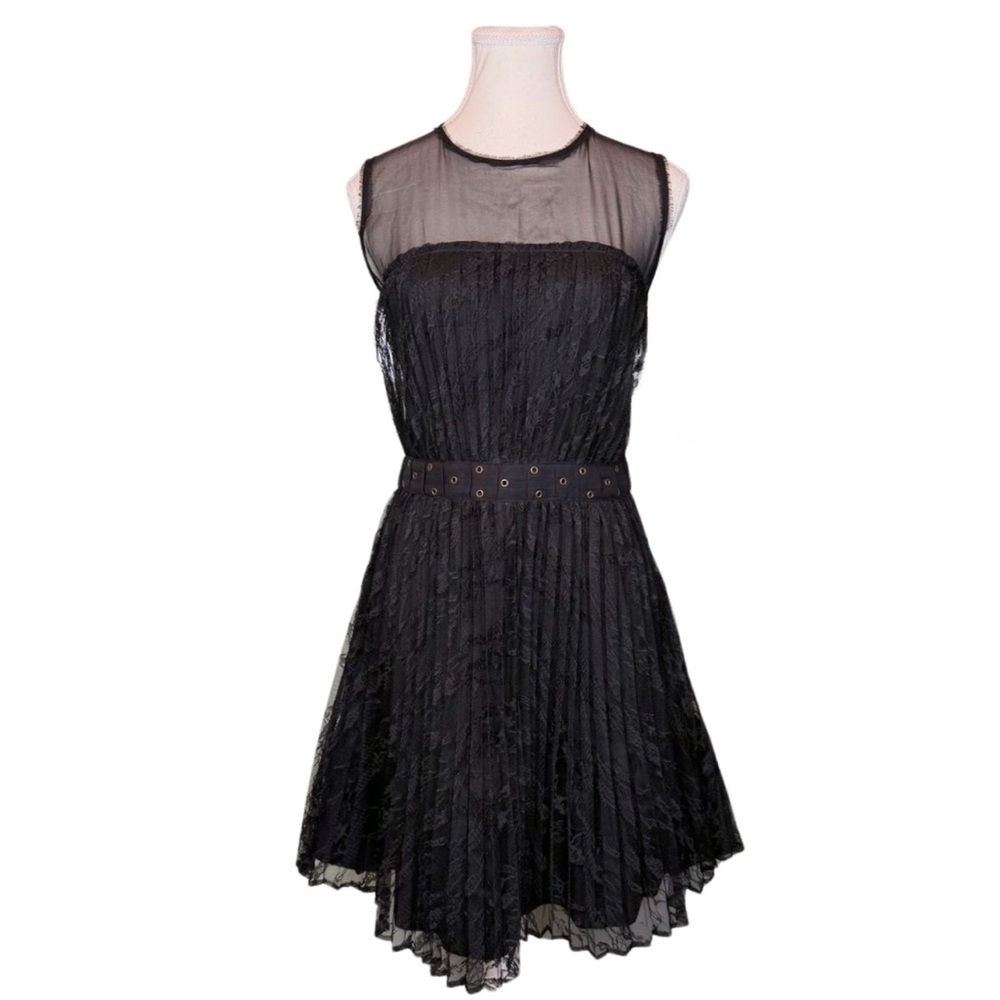 VTG Diane von Furstenberg DVF Black Lace Pleated Mini Dress Sheer Yoke